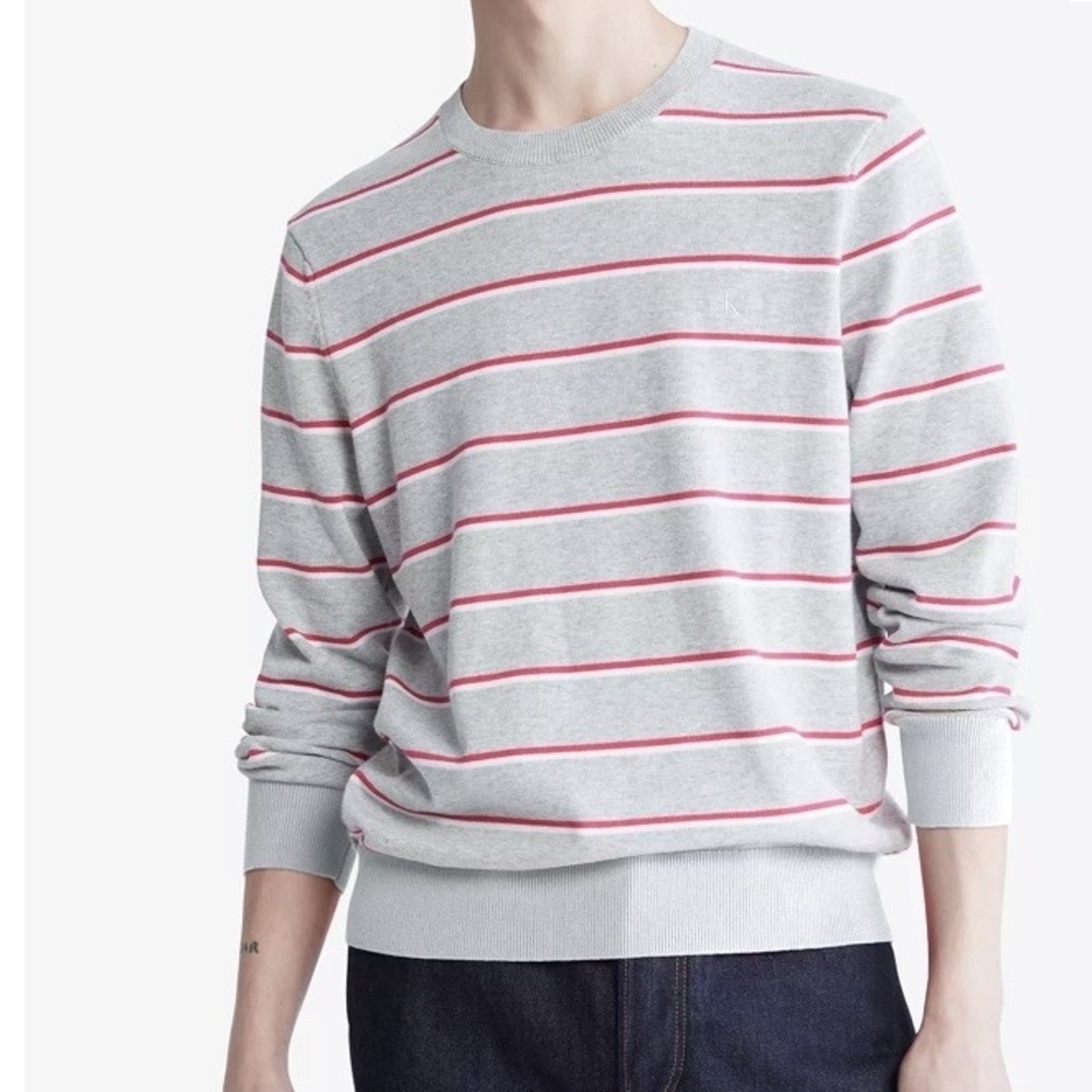 Calvin Klein Men's Supima Cotton Mini Stripe Monogram Logo Sweater Heather L